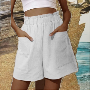 Shorts Bermuda amples et respirants en coton et lin pour femme, taille haute, avec cordon de serrage, grande taille, jambe large, décontractés - Product Image 2