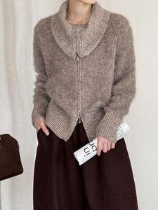 Suéter de punto para <span class=keywords><strong>mujer</strong></span>, estilo coreano, nuevo, con solapa, doble cremallera, manga larga, cárdigan de <span class=keywords><strong>color</strong></span> sólido, estilo informal. - Product Image 5