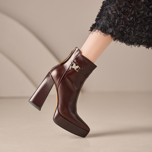Stivaletti da <span class=keywords><strong>Donna</strong></span> con Tacco Alto 2025 Autunno Inverno Nuovi Impermeabili con Plateau a Punta con Strass in Vera Pelle Tacco Spesso - Product Image 1