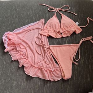 Ensemble bikini 3 pièces pour femme, uni, à volants, dos nu, avec jupe de plage en maille, maillot de bain - Product Image 6