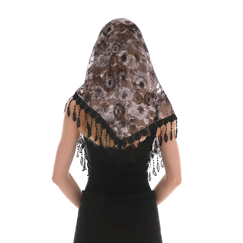 נשים הולו Trim ניילון מוסלמי משולש צעיף לעטוף גבירותיי צעיף חיג 'אב תחרה חתונה פרחוני הדפסת צעיפים