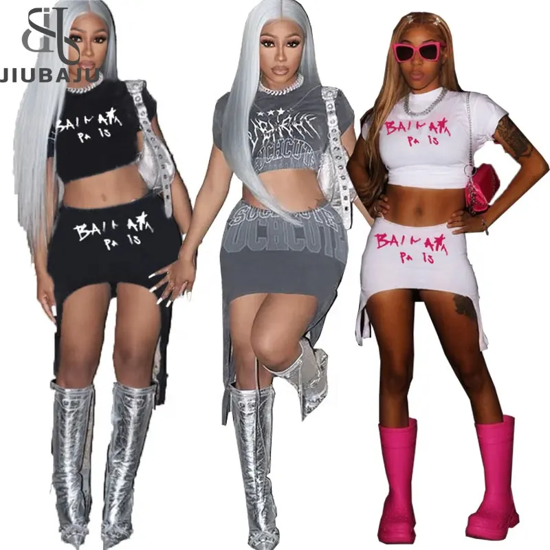 Sexy Gray Women 2 Two Piece Sets For Women Print O Neck Crop Tops Outfits Mini Skirts Dress Matching Sets