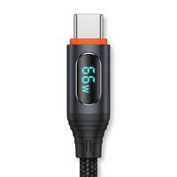Câble tressé USB-A vers Type-C 66W avec affichage numérique, cordon de charge Type-C en nylon noir pour smartphone, tablette, batterie externe, ordinateur portable
