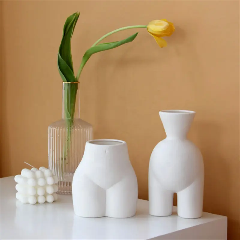 Bisque brennt reinweiße Keramik vasen menschlichen Körper Blumen Vase für Veranda Dekoration