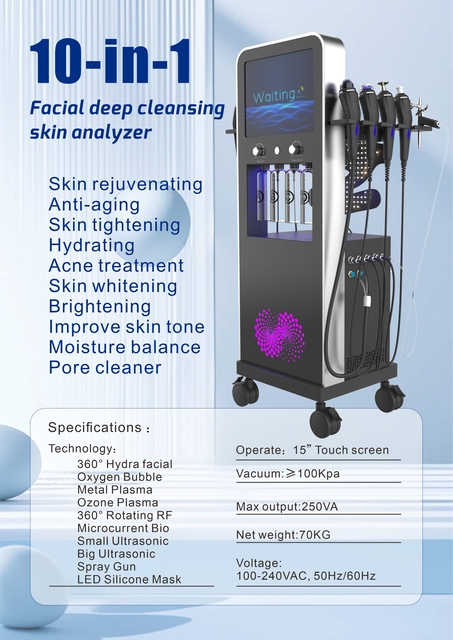 10 in 1 Rotating Hydro Dermabrasion Facial Device with CO2 Bubble, Oxygen Spray & Strong Vacuum