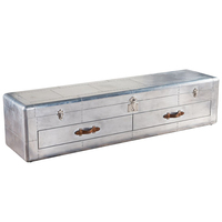 Table basse en bois massif, série aviateur, miroir, aluminium, métal, avec 3 tiroirs