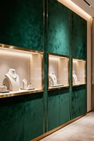 Vitrine à bijoux en velours vert de luxe avec finition dorée - Vitrine haut de gamme pour bijouterie