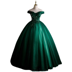 Green Off The Shoulder Evening Gown Empire Waist Tulle Formal Dress For Wedding Party Annual Meeting Women - Product Image 5