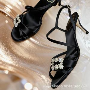 2026 Women's High-Heeled Sandals Square Buckle <b>Rhinestone</b> Strap Summer Style Square Toe Stiletto Heel Versatile Fashionable - Product Image 6