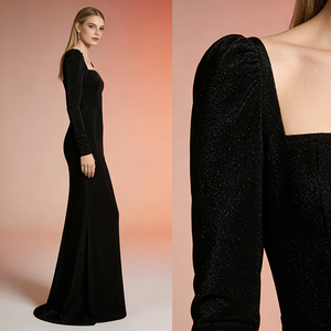 Abito Lungo da Donna Personalizzato OEM, Schiena Scoperta, Scollo Quadrato, Aderente, <span class=keywords><strong>Maniche</strong></span> <span class=keywords><strong>Lunghe</strong></span>, in <span class=keywords><strong>Velluto</strong></span>, Stile Sirena, per Banchetti e Feste - Product Image 4