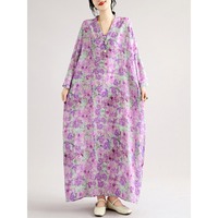 Robe longue d'été 2026 en coton et lin à motif floral violet, élégante, col en V, coupe oversize, style féerique, chic, pour femme, grandes tailles, vente en gros