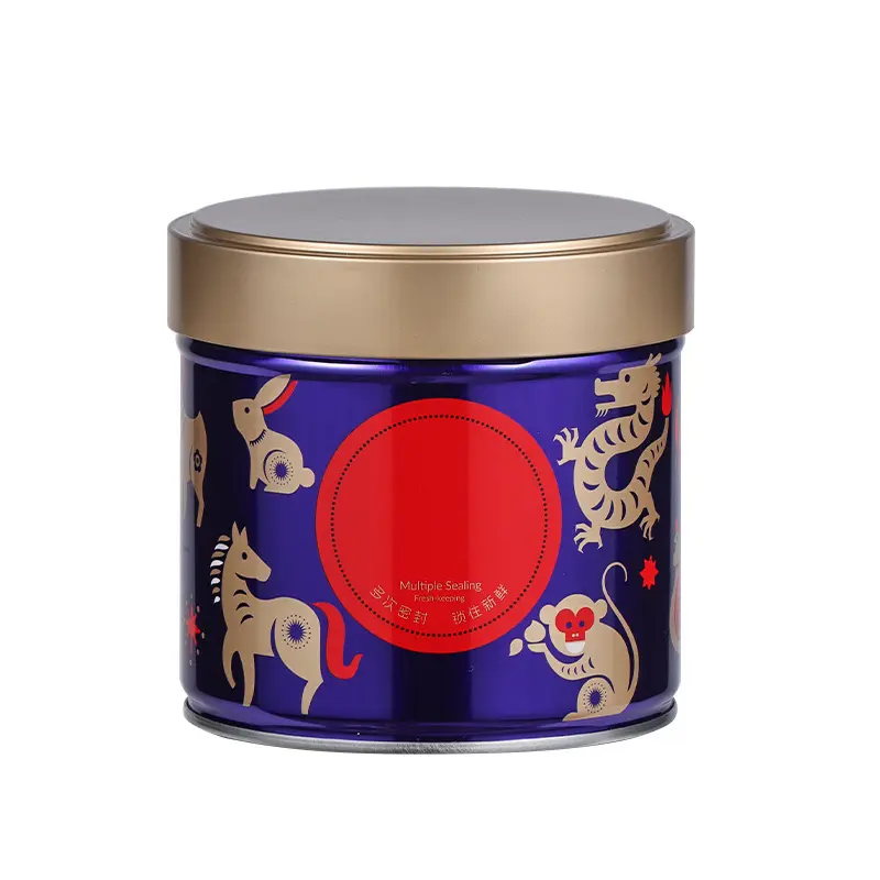 今スタイルラウンド食品グレード空のコーヒー豆缶金属動物パターン茶缶缶
