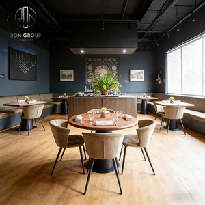 Ensemble <span class=keywords><strong>de</strong></span> mobilier moderne et personnalisé pour salon <span class=keywords><strong>de</strong></span> thé et café : tabourets hauts ronds en bois et cuir, table <span class=keywords><strong>de</strong></span> restaurant, chaise et banquette. - Product Image 3