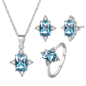 Woman Necklaces Jewellery Women Jewelry Sets Stud Earring Blue Topaz Rings Pendant Necklace Zirconia Jewelry Ensembles De Bijoux