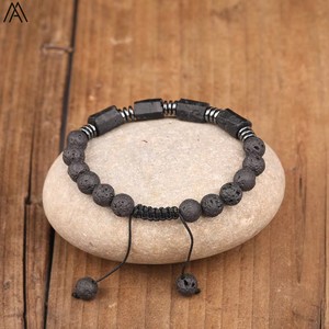 हस्तनिर्मित समायोज्य महिलाओं के फैशन ब्रेसलेट 8 मिमी प्राकृतिक काला टूर्मैरीन चिप काले लावा पत्थर के बीड - Product Image 2