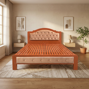 Lit à sommier en fer minimaliste de haute qualité avec tête de lit incurvée, finition imitation bois, acier inoxydable luxueux pour chambre à coucher et appartement - Product Image 3