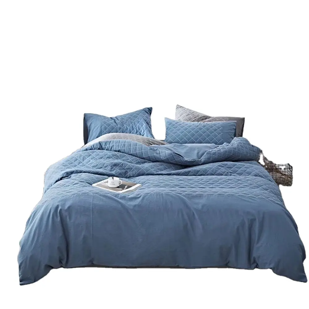 Lençol de cama luxuoso, tecido lavado de algodão, 4 peças, roupa de cama, linho, conjunto de roupa de cama