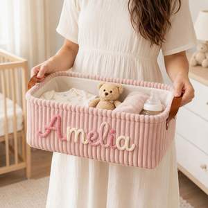 Cesta de Corduroy Personalizada con Nombre Tejido, Caja de Almacenamiento para Pañales, Regalos para Fiestas, Gran Capacidad - Product Image 5