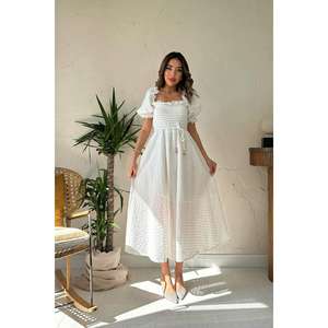 Vestido Blanco Bordado con Corte en A, Cuello Cuadrado, Cintura Natural, Tejido Transpirable, Informal para Uso Diario - Product Image 3