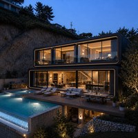 Maison modulaire contemporaine en conteneur avec structure en acier, grandes portes vitrées et plateforme sur le toit