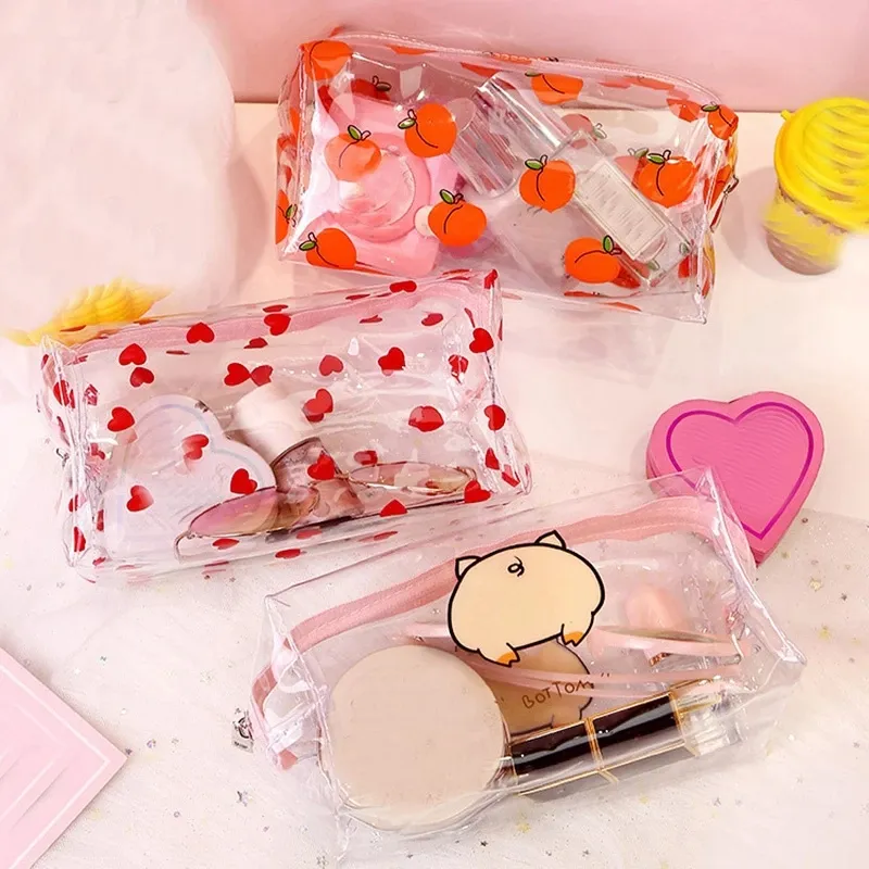 HCS Clear Makeup Bag Mode Reisen Tragbare Mini Wash Aufbewahrung taschen Erdbeer Blumen druck Frauen Reiß verschluss Kosmetik tasche