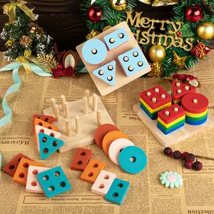 2024 New Bpa Free Organic Soft Silicone Stacking Geometry Baby Toys Wooden Building Silicone Stacking Blocks