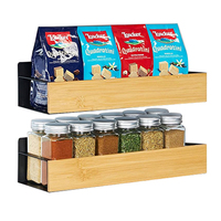 Lot de 4 étagères magnétiques de cuisine, support à épices magnétique à 2 niveaux, support mural en bois d'acacia pour bouteilles d'épices, rangement pour réfrigérateur