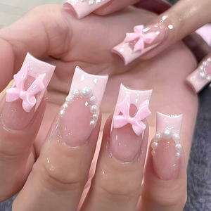24 <span class=keywords><strong>Uñas</strong></span> Postizas Rosas con Lazo, Forma Ataúd, Mediano-Largo, Brillantes, Estilo Ballet, Cobertura Completa, Decoración Acrílica para Manicura - Product Image 4