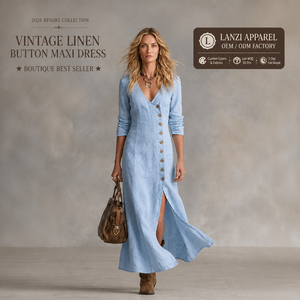Private Label Summer Casual V Neck <strong>Maxi</strong> <strong>Dress</strong> OEM ODM Factory Long Sleeve Slim Fit Diagonal Front Placket Swing Skirt Woven - Product Image 1