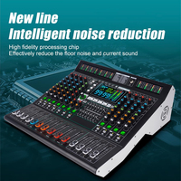 Console de mixage numérique professionnelle 32 canaux avec carte son intégrée et interface USB affichant l'audio et la vidéo