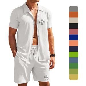 High Quality Cotton Spandex Elastic Anti-Wrinkle <b>Cuban</b> Collar <b>Shirt</b> Elastic Waist Running Shorts Set <b>Men's</b> Shorts and <b>Shirt</b> Set - Product Image 1