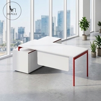 Scrivania Direzionale Moderna in MDF Bianco, Tavolo da Ufficio a L Resistente, Scrivania Estensibile e Set Sedia Ergonomica con Armadietto