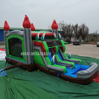 Château gonflable 3D Dinosaure avec toboggan aquatique T-Rex, pour utilisation humide ou sèche, avec piscine à jets d'eau pour enfants