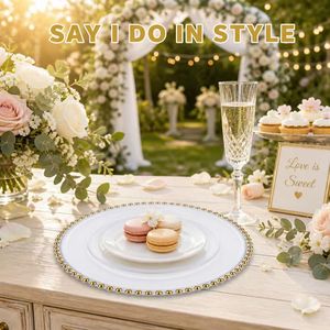 Matrimonio 13 pollici decorativo rotondo acrilico trasparente piatto di plastica con perline d'oro cerchio per eventi cena piatto - Product Image 3