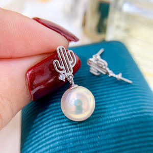 Boucles d'oreilles pendantes tendance en argent S925 avec support vide et perles rondes de 8-12 mm, accessoires DIY en argent avec perles et motif cactus - 21110 - Product Image 4