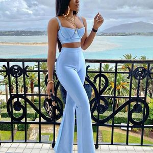 MF Formal Stretch Two Outfits Women Clothing Blue Bodycon Tank Top and Pants 2 Piece Bandage Set - Product Image 1