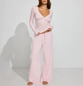 Yeni Gelen Sonbahar Düz Renk Günlük Rahat Şık Fitilli Örgü Takımlar Seksi Derin V Yaka Dar Üst Bol Paça Pantolon Kombinleri - Product Image 1