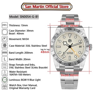 Montres de luxe pour hommes San Martin SN0054-G-B1 NH34, montre de cérémonie pour hommes, automatique, mécanique, avec fenêtres de date en saphir BGW9 - Product Image 2