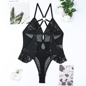 <b>Sexy</b> Transparent Sparkly Rhinestone Women's One Piece Bodysuit Factory Price Solid Color Bra Brief <b>Set</b> - Product Image 6