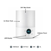 Humidificateur ultrasonique 4L, grand réservoir d'eau, double brumisation, 25W, économie d'énergie, faible bruit, affichage LED, commande tactile pour chambre à coucher et usage domestique