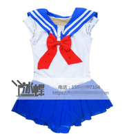 Vestido de patinaje azul hecho a mano para niñas con figura de Sailor Moon Ropa de rendimiento personalizada con diamantes de imitación para baile y Patinaje