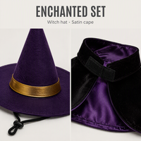 Kostum Kucing Hitam Cocok untuk Malam Cosplay dengan Topi Felt Ungu Berhias Emas dan Jubah Beludru dengan Lapisan Satin di Bagian Dalam