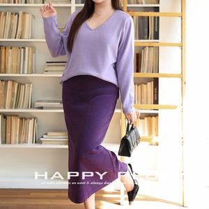 Conjunto de Falda Midi de Pana para Mujer Happy Plus, Suéter de Manga Larga con Cuello en V, Color Sólido, Cintura Alta, Corte Ajustado, Morado N9085 - Product Image 3