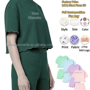 ชุดเสื้อผ้าคุณแม่และลูกน้อยสำหรับฤดูร้อน ผ้าฝ้าย 100% ชุดเสื้อสเวตเชิ้ตและกางเกงขาสั้นสำหรับเด็กเล็ก เด็กหญิง ลายสแกลลอป - Product Image 2