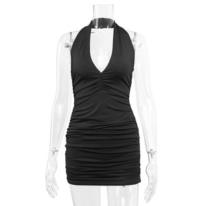 Nouvelle <span class=keywords><strong>Robe</strong></span> Décontractée <span class=keywords><strong>Moulante</strong></span> pour Femme, Modèle Été, Couleur Unie, Tissée, Mini, Col en V, Dos Nu, Épaules Dénudées, Taille Naturelle, Lavable - Product Image 5