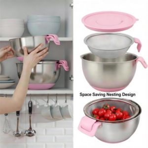 ステンレス鋼ミキシングボウルノンスリップネスティングウィズキングボウルセットキッチンミキシングボウルサラダクッキングベーキング用ストレーナー - Product Image 4