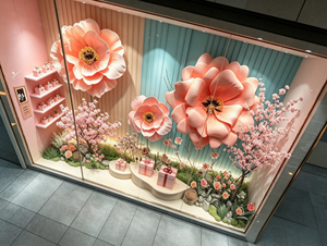 Ensemble de décorations de vitrine de printemps avec installations florales roses réalistes 1:1 pour un merchandising visuel artistique en magasin - Product Image 2