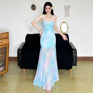 Vestido Maxi de Malla con Apliques de Encaje en Degradado Inspirado en Sirenas, con Tirantes Finos, para Mujer, Ideal para Vacaciones en la Playa o Resort - Product Image 5