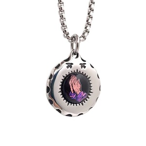 Prayer Hand Pendant Stainless Steel Round Charm Bezel Setting Themed Pendants Gift <b>Necklace</b> 216079 - Product Image 3