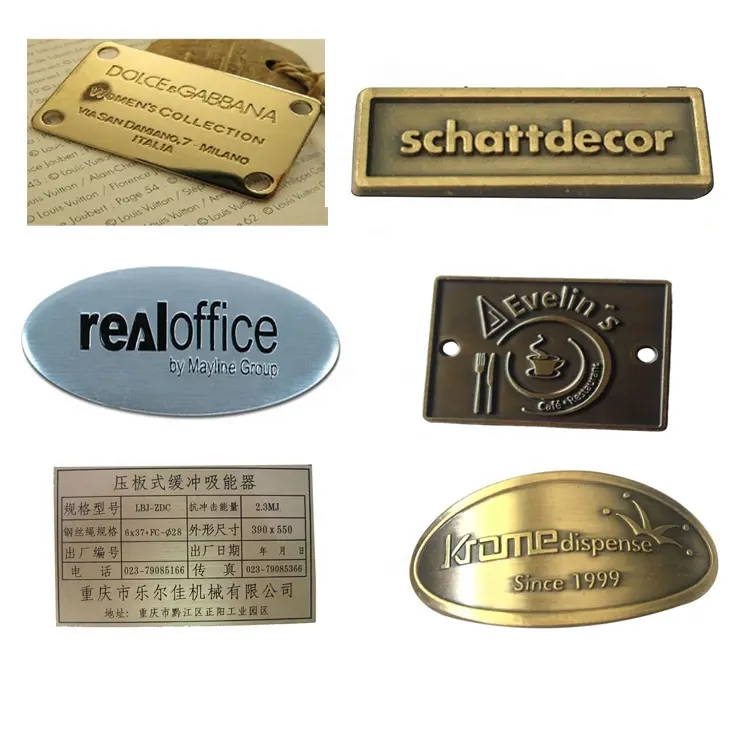 Étiquettes de meubles en métal avec logo gravé personnalisé en usine plaque d'étiquette nominative en métal de marque en laiton antique en relief pour meubles